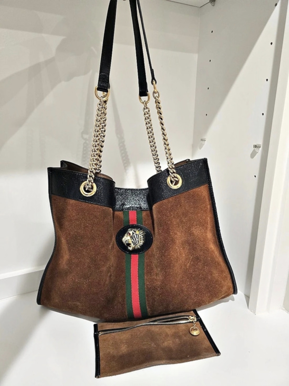 Gucci Rajah Large Suede Tote Bag Brown & Black